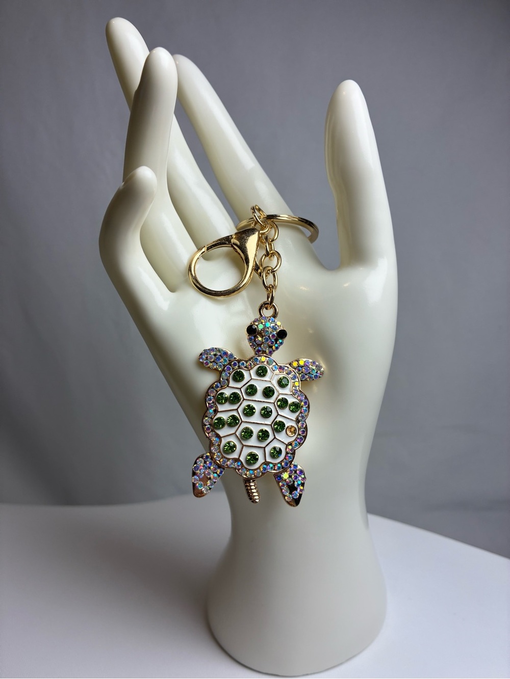 Gold Turtle Key & Bag Charm with Green Crystal Accents